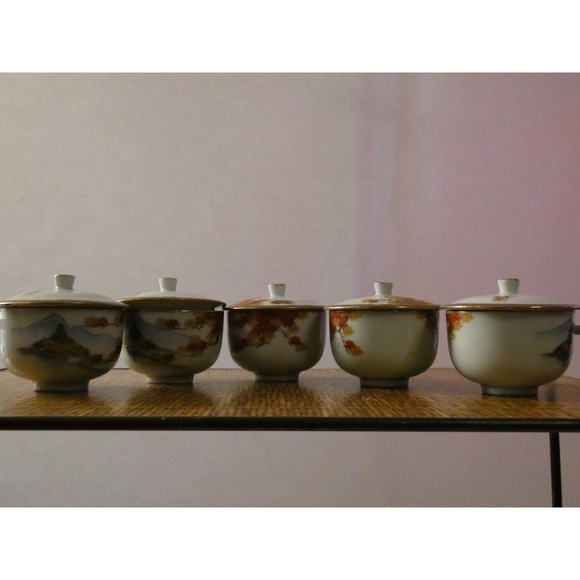 Vintage Kutani Yunomi, Lidded Tea Cup Set, With Autumnal Décor - Picture 1 of 8